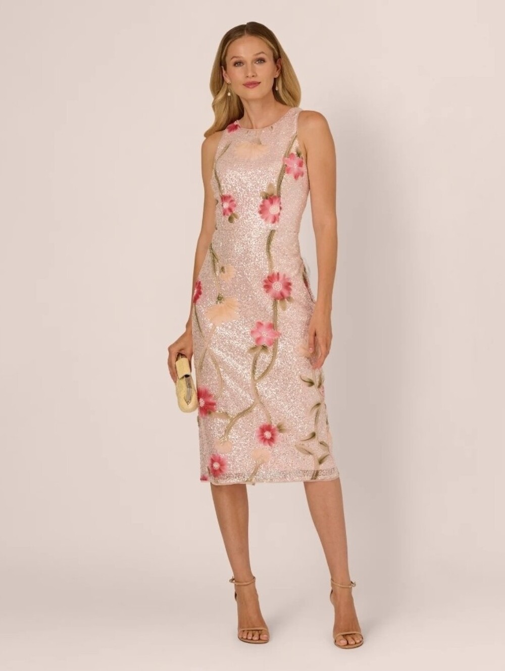 ADRIANNA PAPELL Sequin Floral Midi Sheath Dress Silver Blush Multi Cocktail - Picture 1 of 13